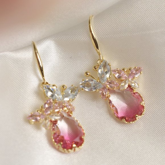 Zircon Rose Quartz Butterfly Drop Earrings - Picture 8 of 11